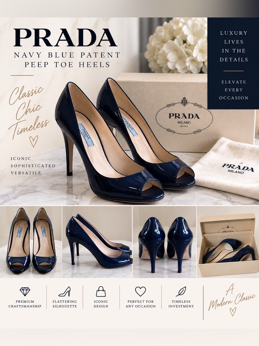 Prada Navy Blue Patent Peep Toe Heels Shoes Sz 40